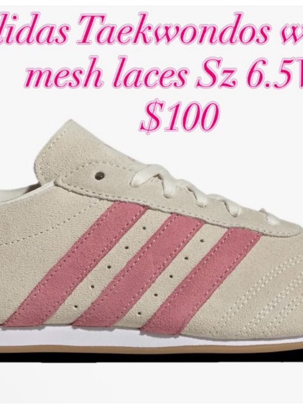 Adidas Taekwondo Beige Suede Sneakers with Pink Stripes and extra mesh laces